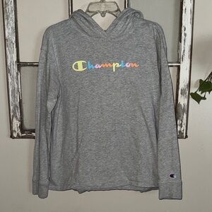 Champion grey and  Pastel writing Lightweight Pullover Hoodie Sz. M